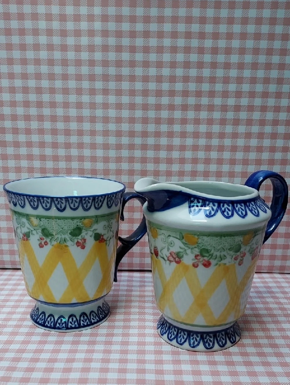 Blue Yellow Strawberry Hand Painted Ceramic Set Pitcher Sugar Bowl Creamer Mug - Picture 6 of 10